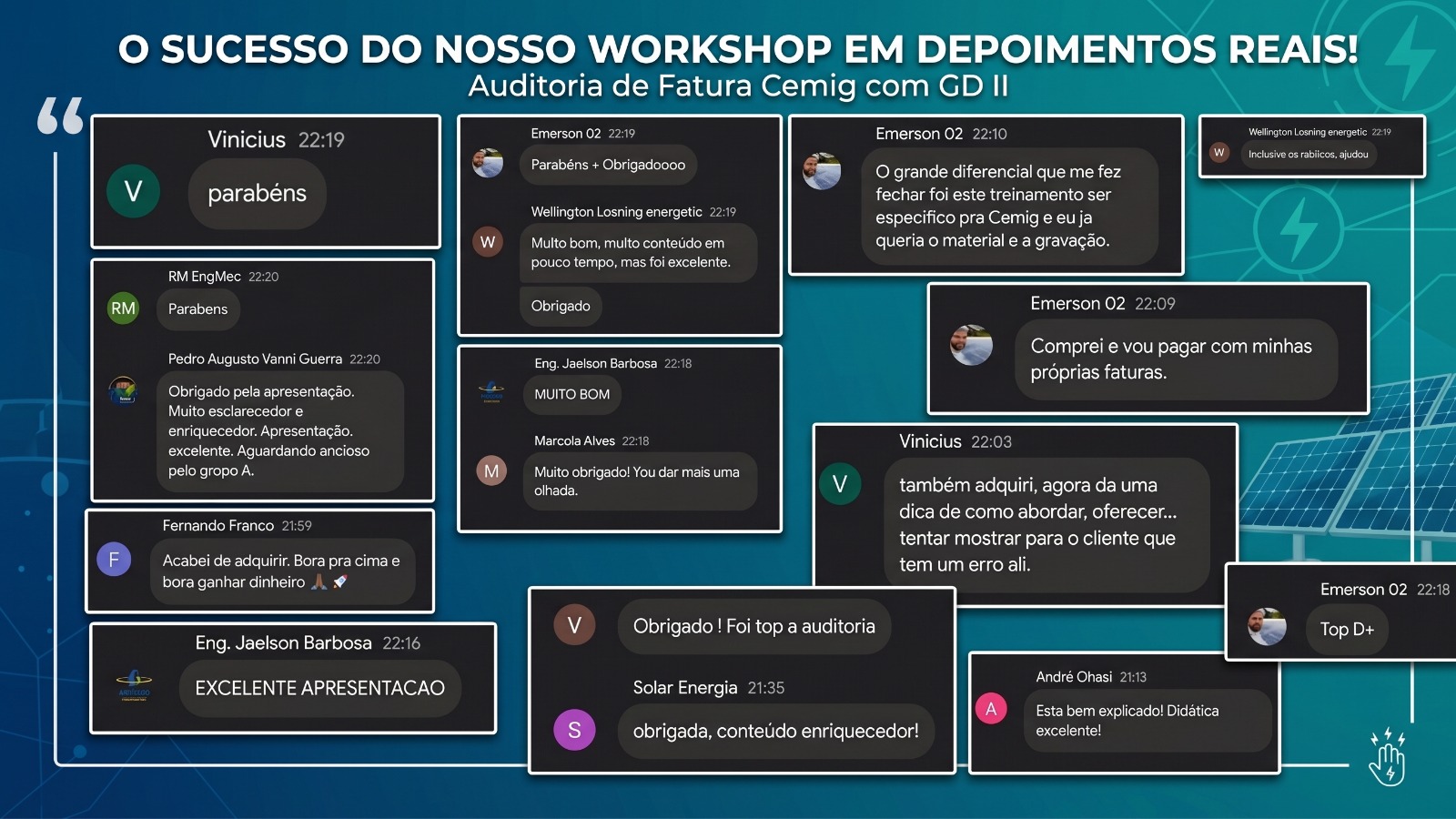 Depoimentos de participantes do workshop Auditoria de Fatura Cemig com GD II