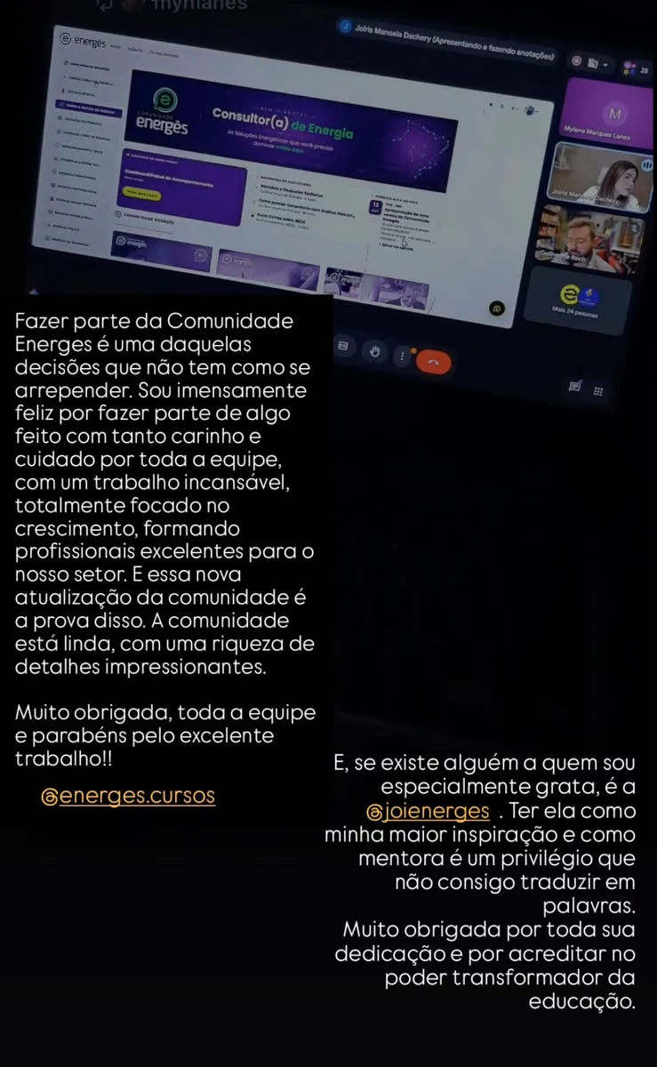Story de membro sobre a nova Comunidade Energês
