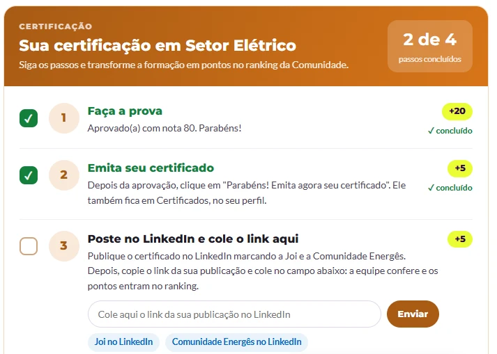 Certificação da formação Setor Elétrico na plataforma: 2 de 4 passos concluídos