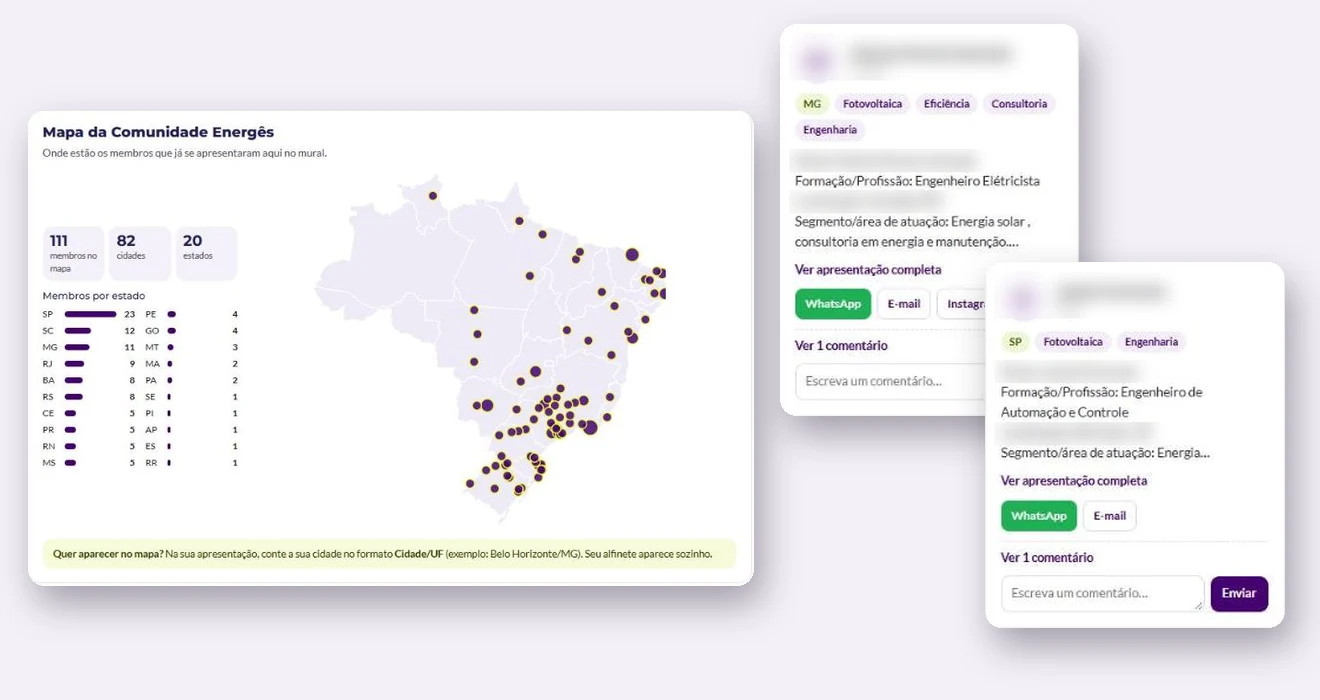 Mapa da Comunidade Energês e apresentações de membros no mural de networking (dados pessoais borrados)