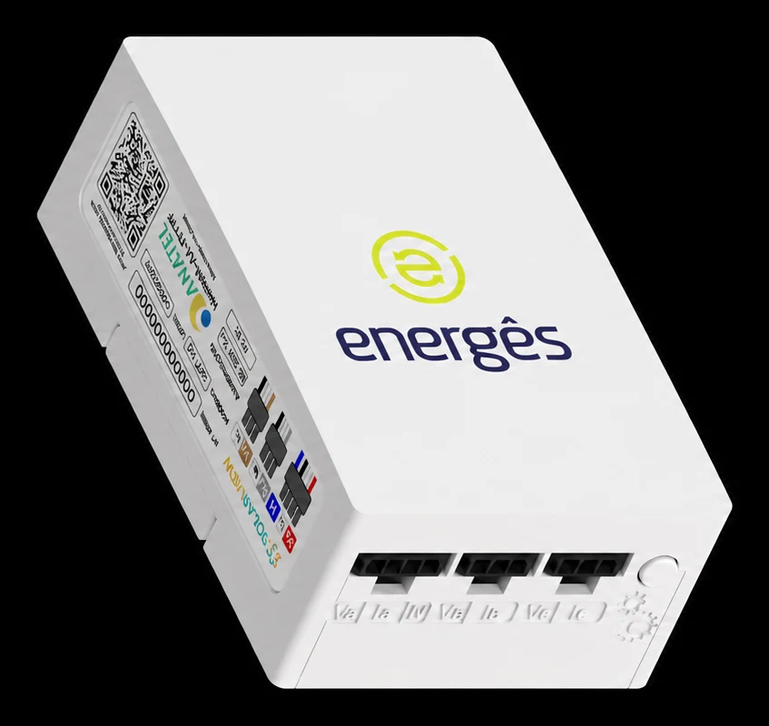 Smart Meter Joi, medidor inteligente branco com logo Energês